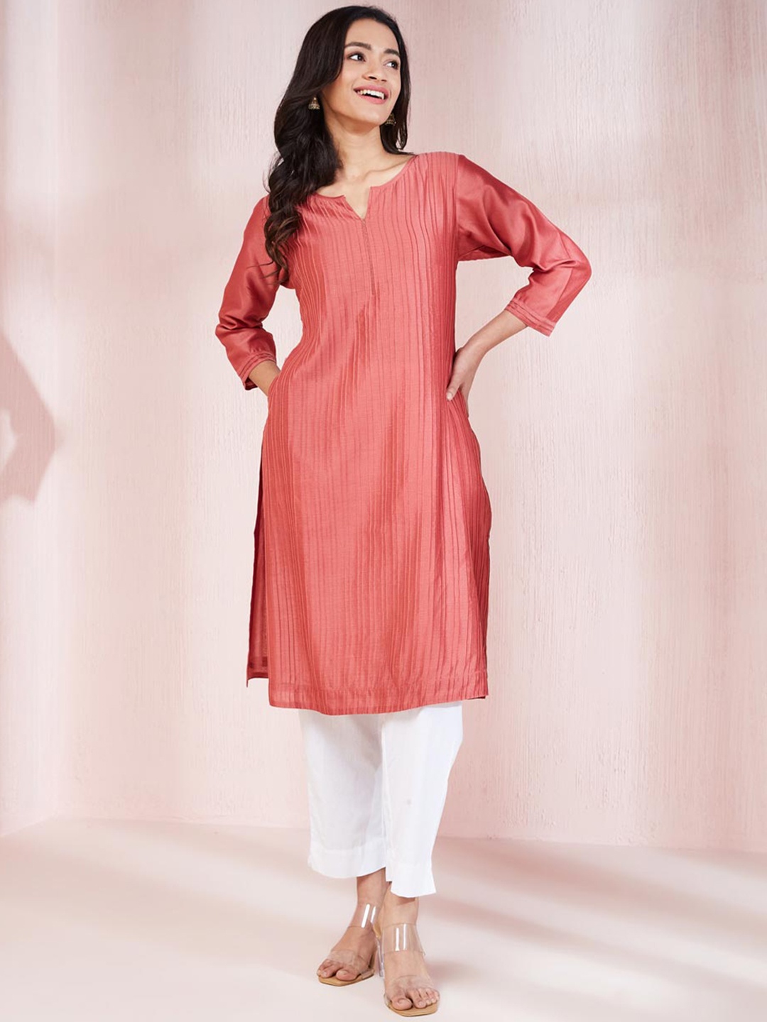 

Fabindia Striped Notched Neck Cotton Silk Straight Kurta, Peach