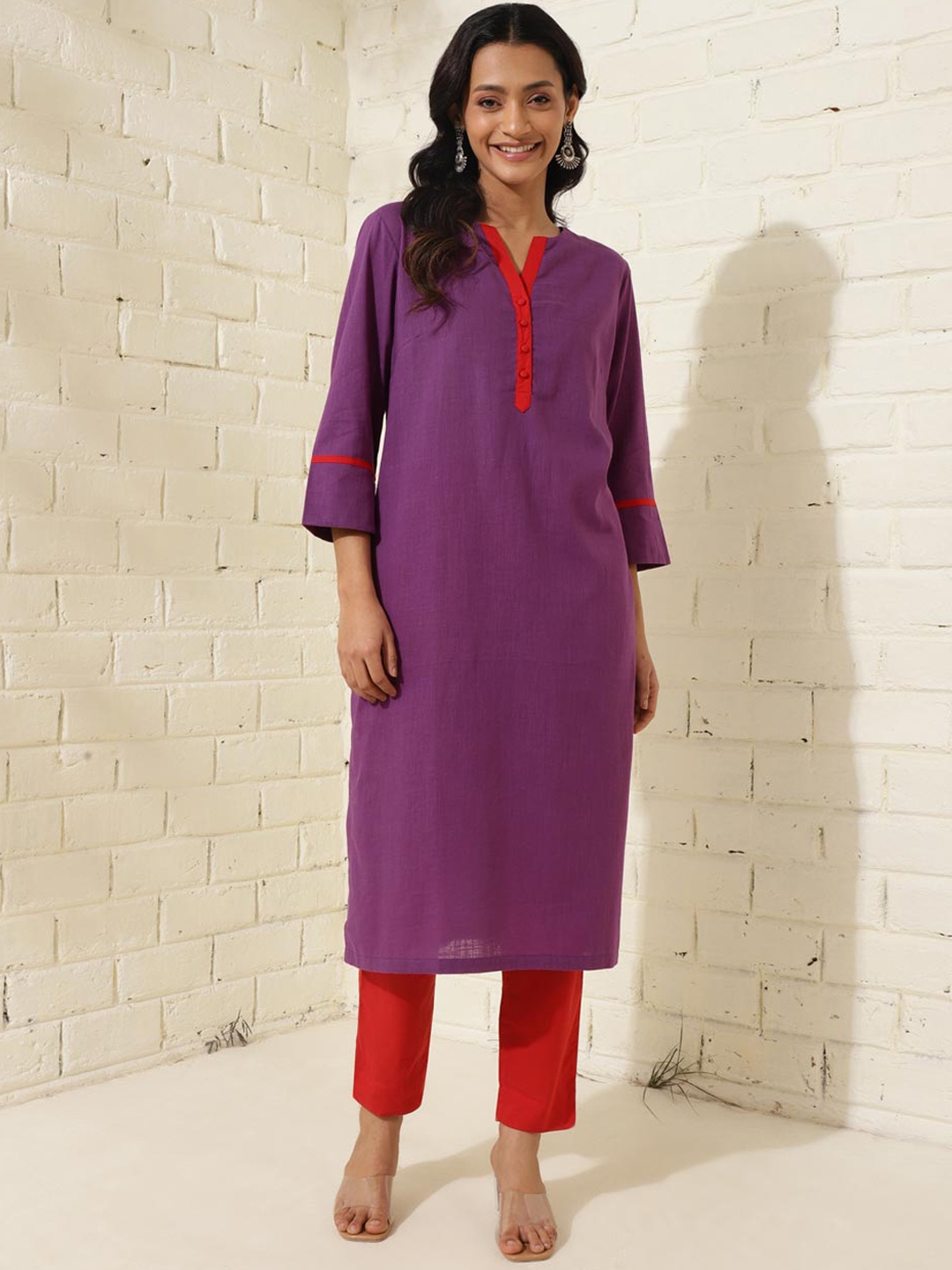 

Fabindia Round Notched Neck Regular Pure Cotton Kurta with Trousers, Purple