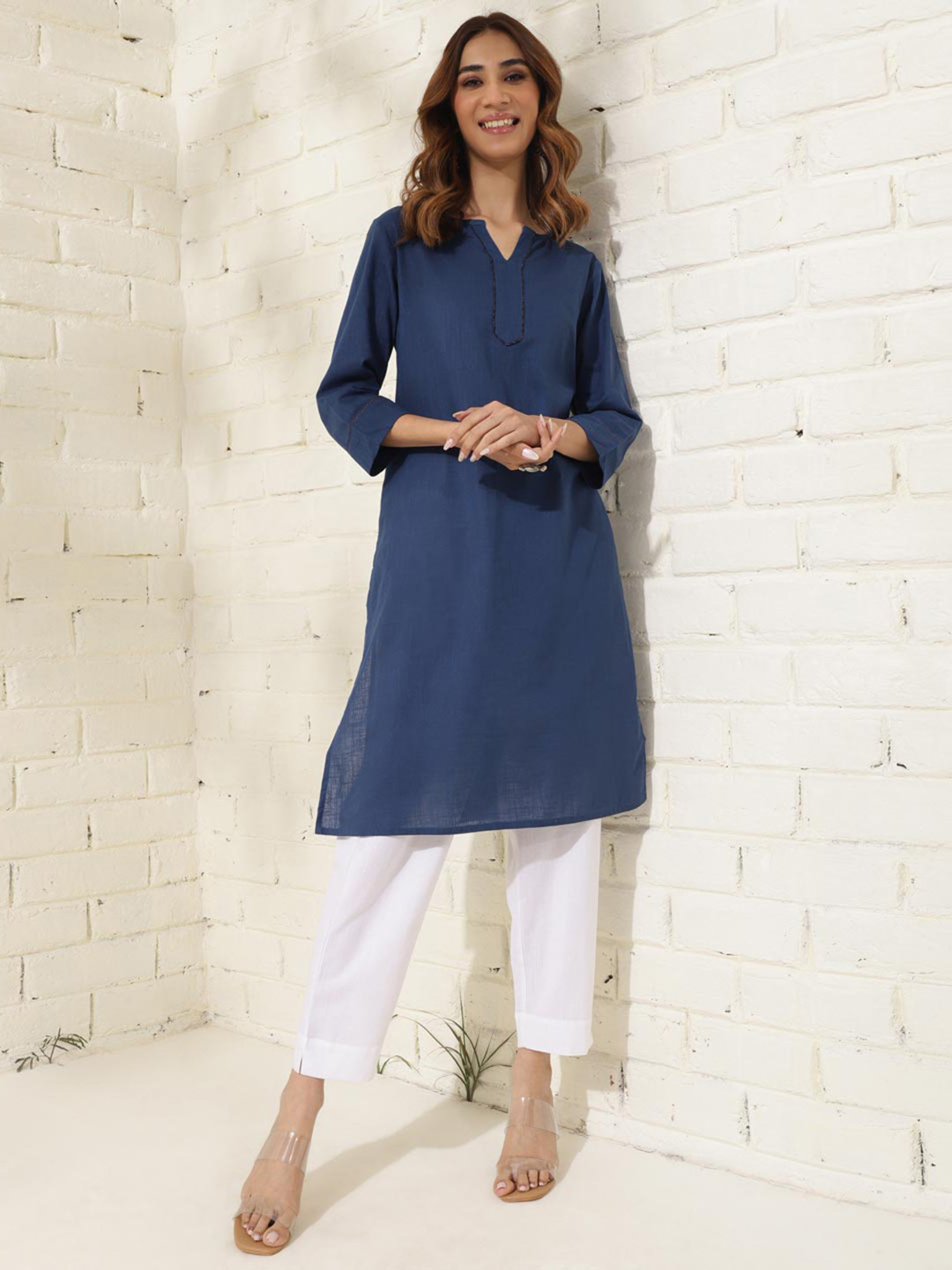 

Fabindia Three-Quarter Sleeves Cotton Straight Kurta, Navy blue