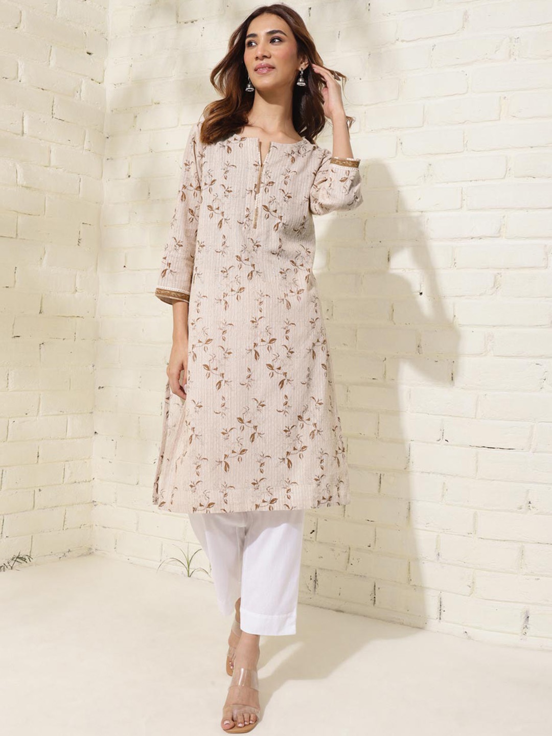 

Fabindia Floral Printed Cotton Straight Kurta, Beige