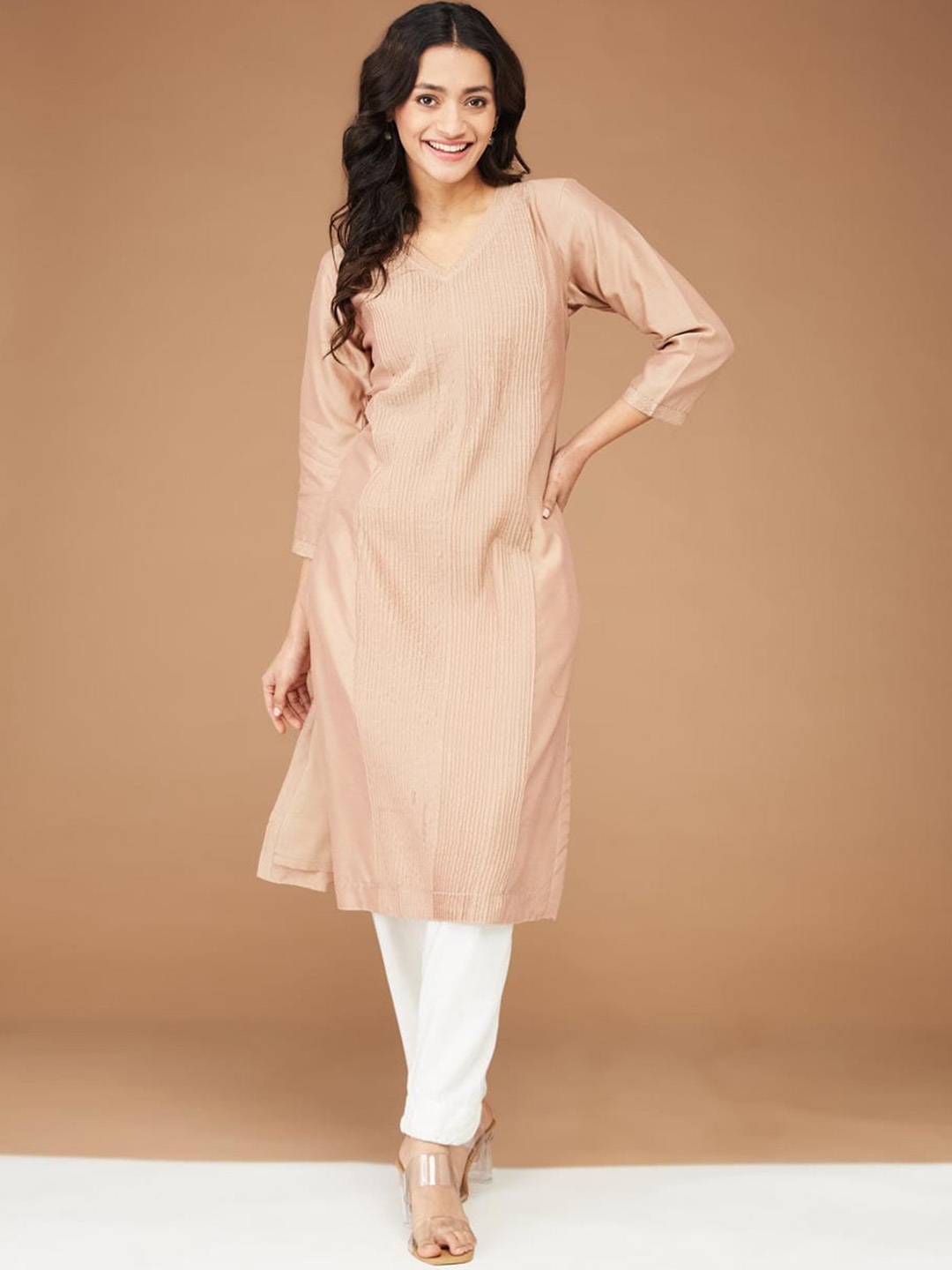 

Fabindia V-Neck Pleated Cotton Silk Straight Kurta, Beige