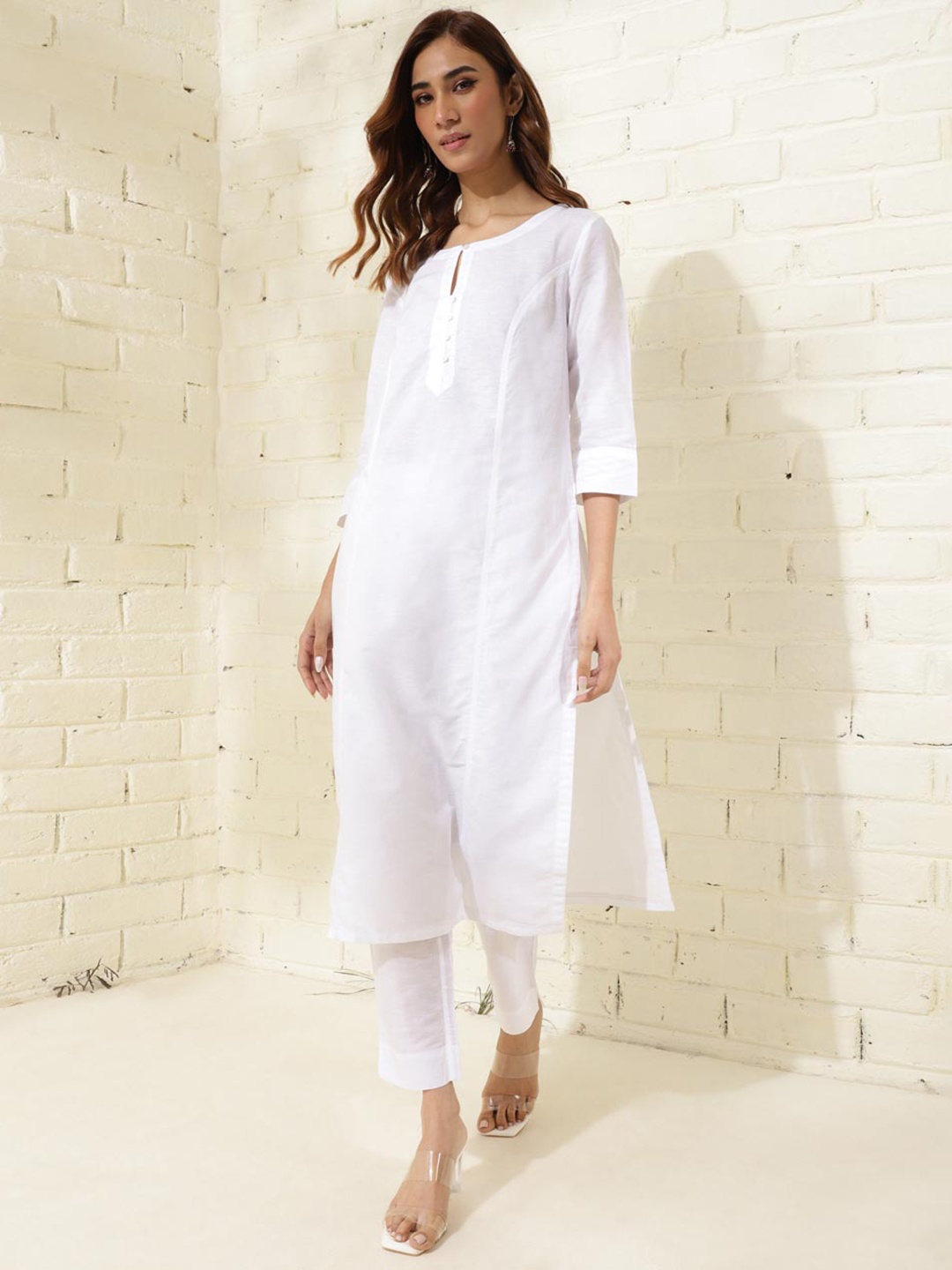 

Fabindia Keyhole Neck Cotton Linen Kurta with Trousers, White