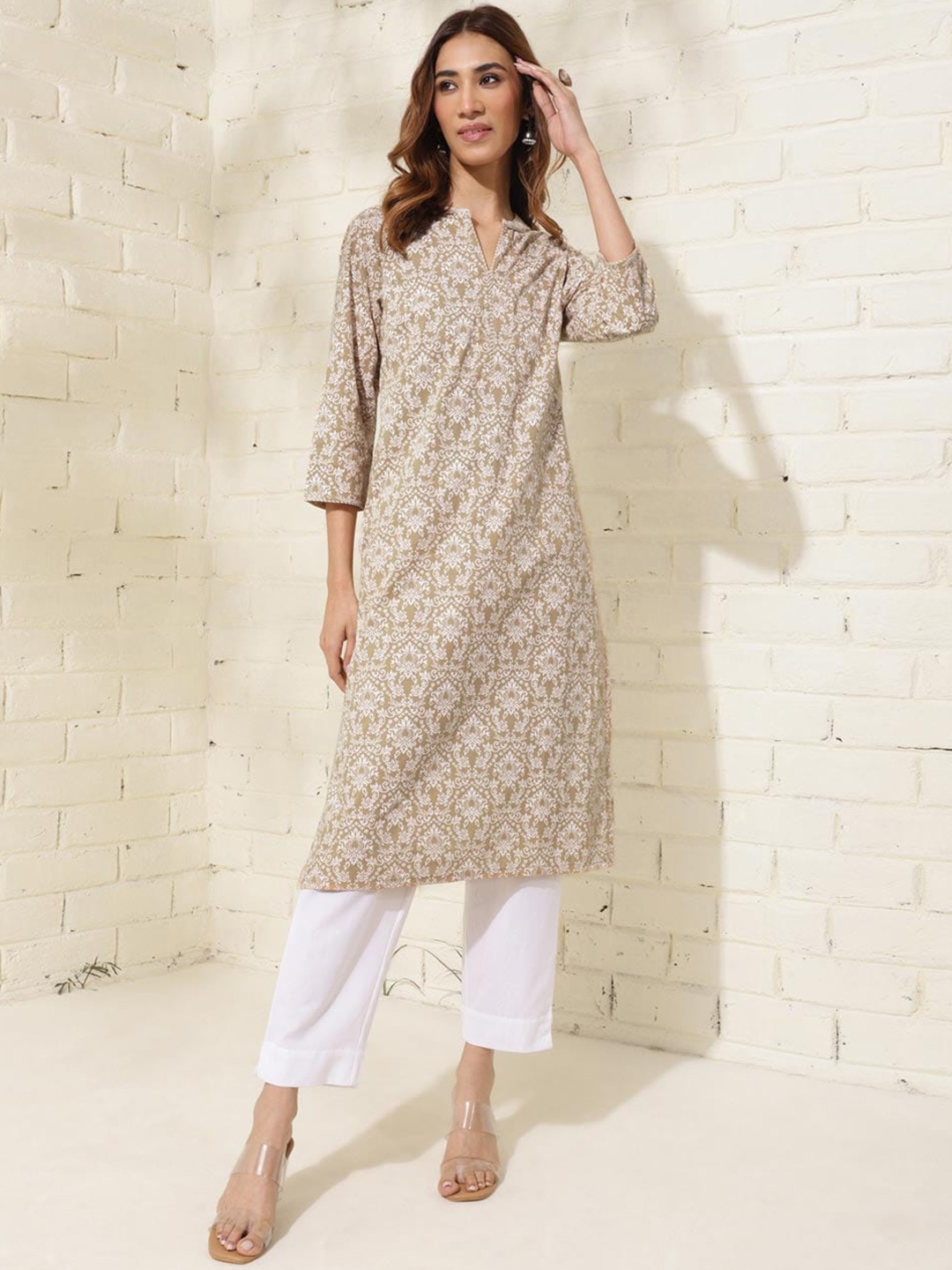 Fabindia Floral Printed Cotton Strigth Kurta, Beige