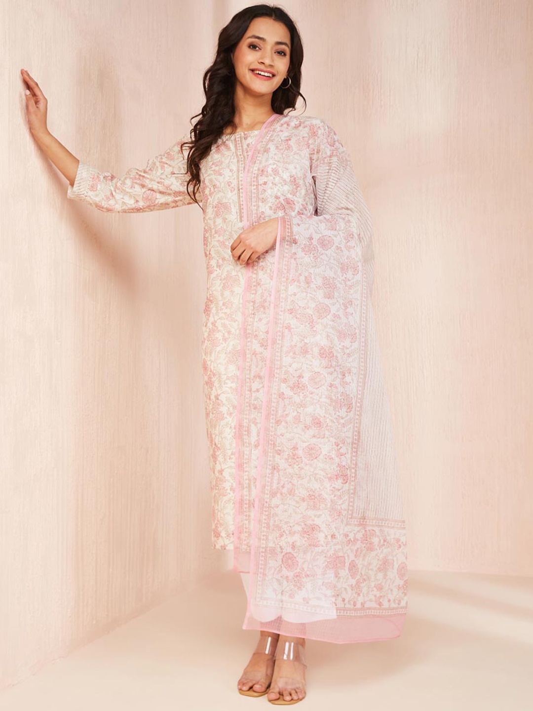 

Fabindia Floral Block Printed Cotton Silk Straight Kurta with Dupatta, White