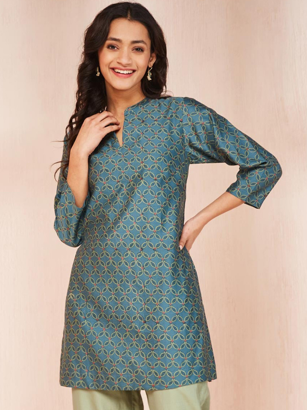 

Fabindia Ethnic Motifs Printed Mandarin Collar Cotton Silk Straight Kurti, Teal