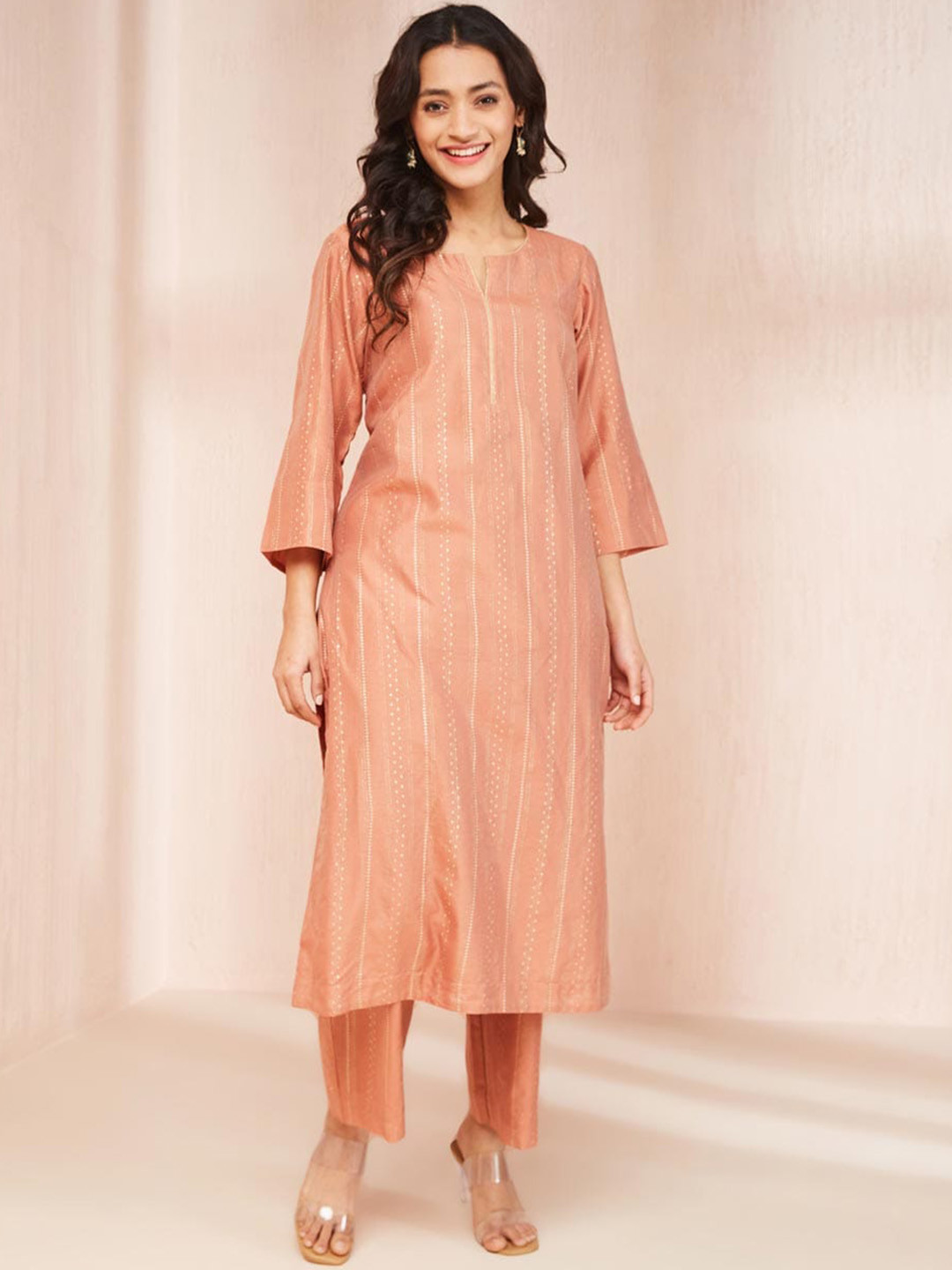 

Fabindia Cotton Silk Printed Regular Kurta with Trousers, Peach