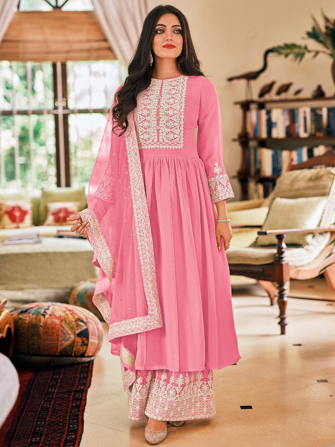 

Chandbaali Ethnic Motifs Embroidered Sequinned Semi-Stitched Dress Material, Pink