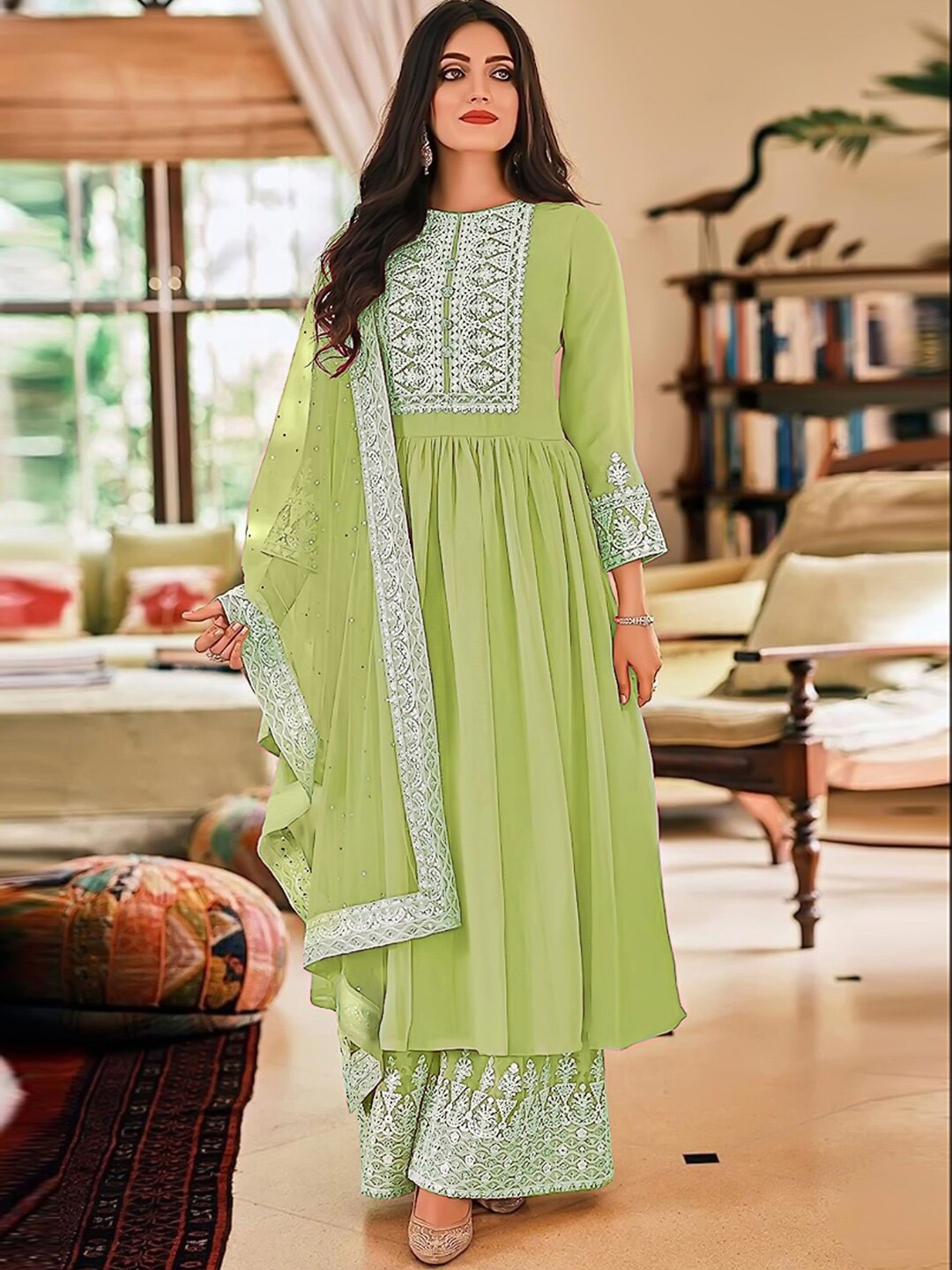 

Chandbaali Ethnic Motifs Embroidered Sequinned Semi-Stitched Dress Material, Green