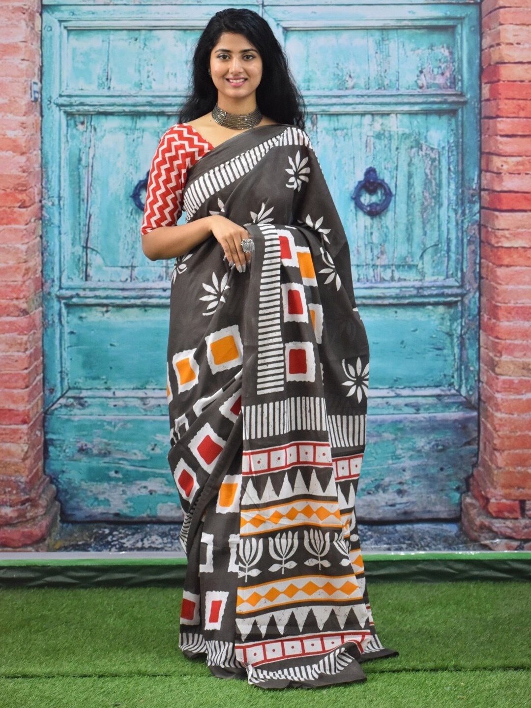 

JALTHER Pure Cotton Block Print Saree, Brown