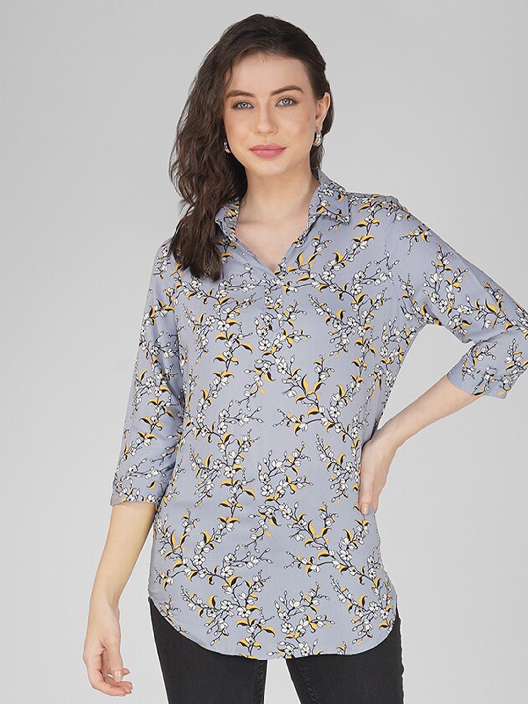 

KALINI Floral Printed Cotton Shirt Collar Top, Grey