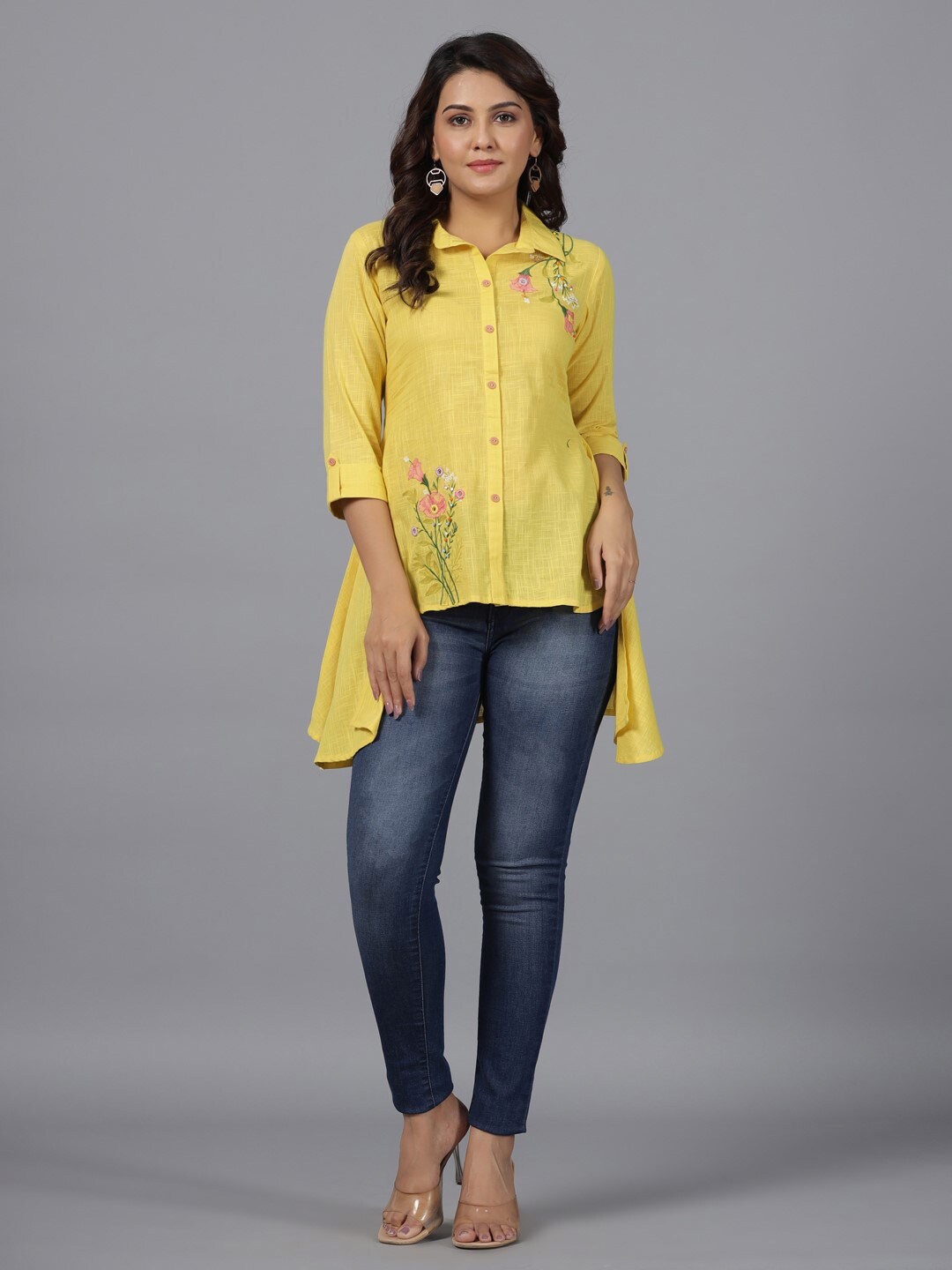 

Juniper Floral Embroidered Shirt Collar High Low Tunic, Yellow