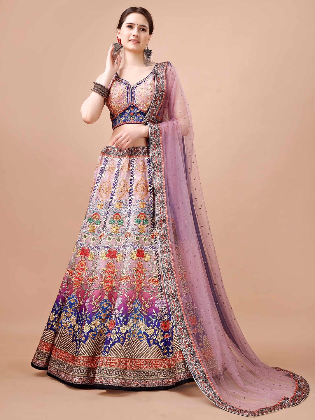 

SAPTRANGI Printed Ready to Wear Lehenga & Blouse With Dupatta, Purple