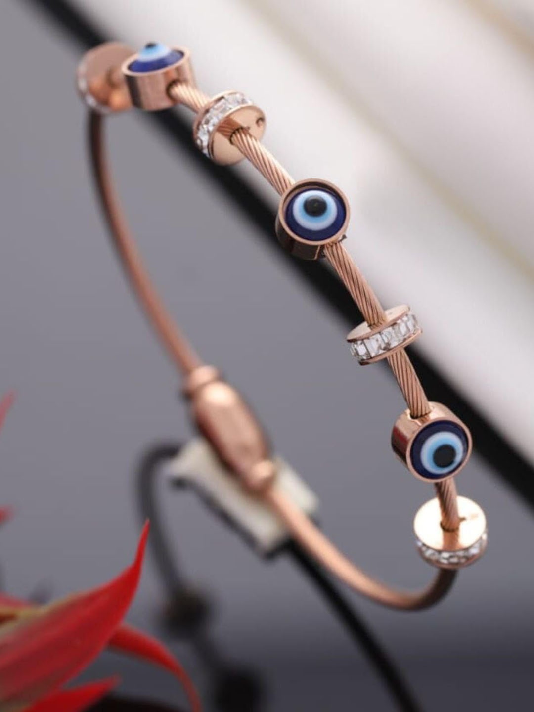

MEENAZ Rose Gold-Plated Stainless Steel Evil Eye Kada Bracelet