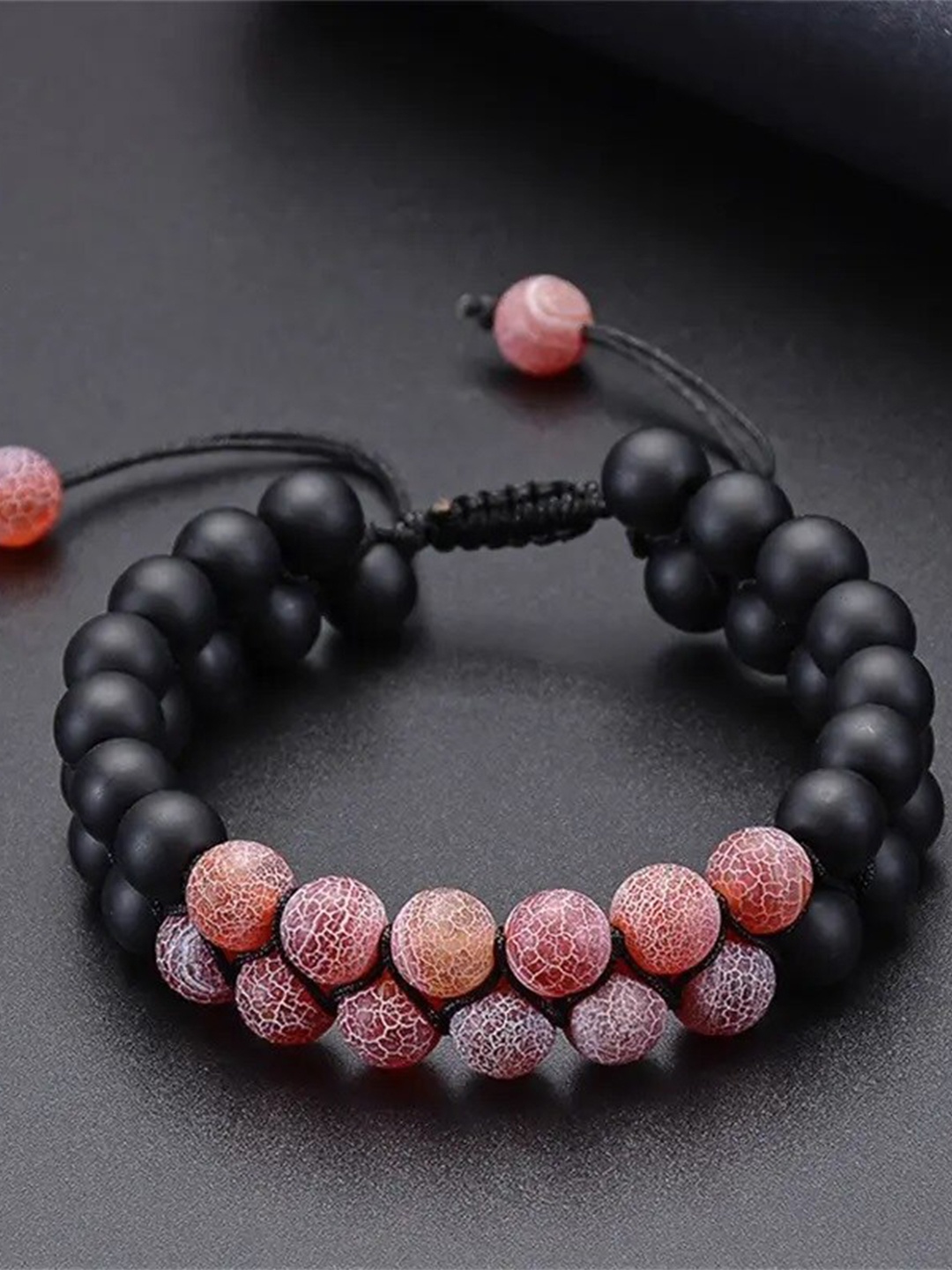

MEENAZ Men Stainless Steel Beaded Multistrand Bracelet, Black
