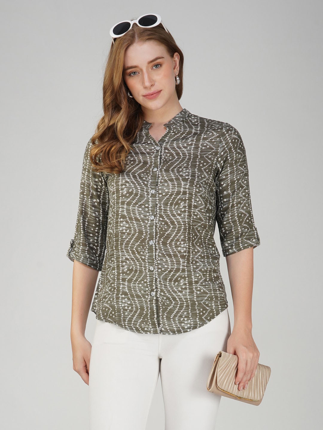 

KALINI Printed Mandarin Collar Roll-Up Sleeves Shirt Style Top, Grey