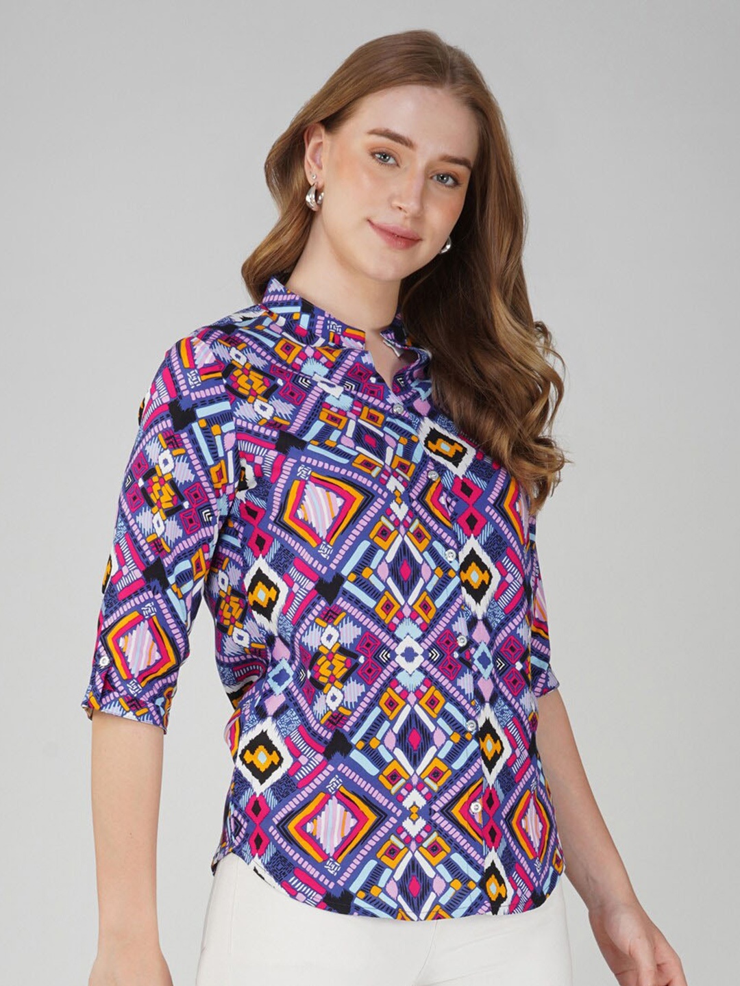 

KALINI Geometric Printed Mandarin Collar Top, Purple