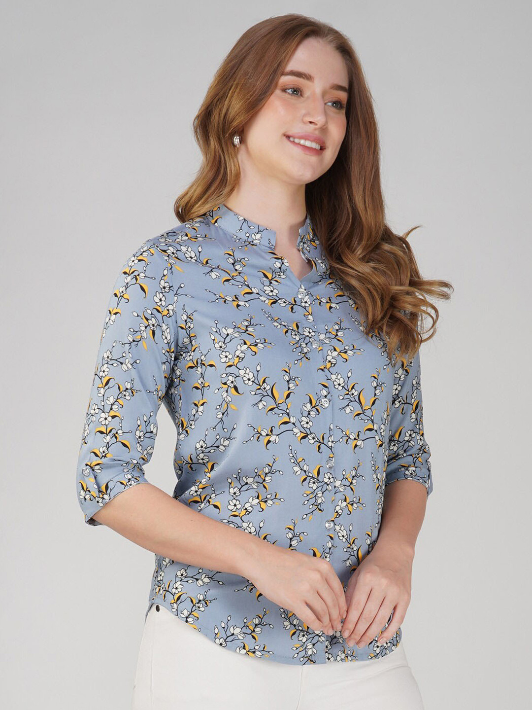 

KALINI Floral Printed Mandarin Collar Shirt Style Top, Grey