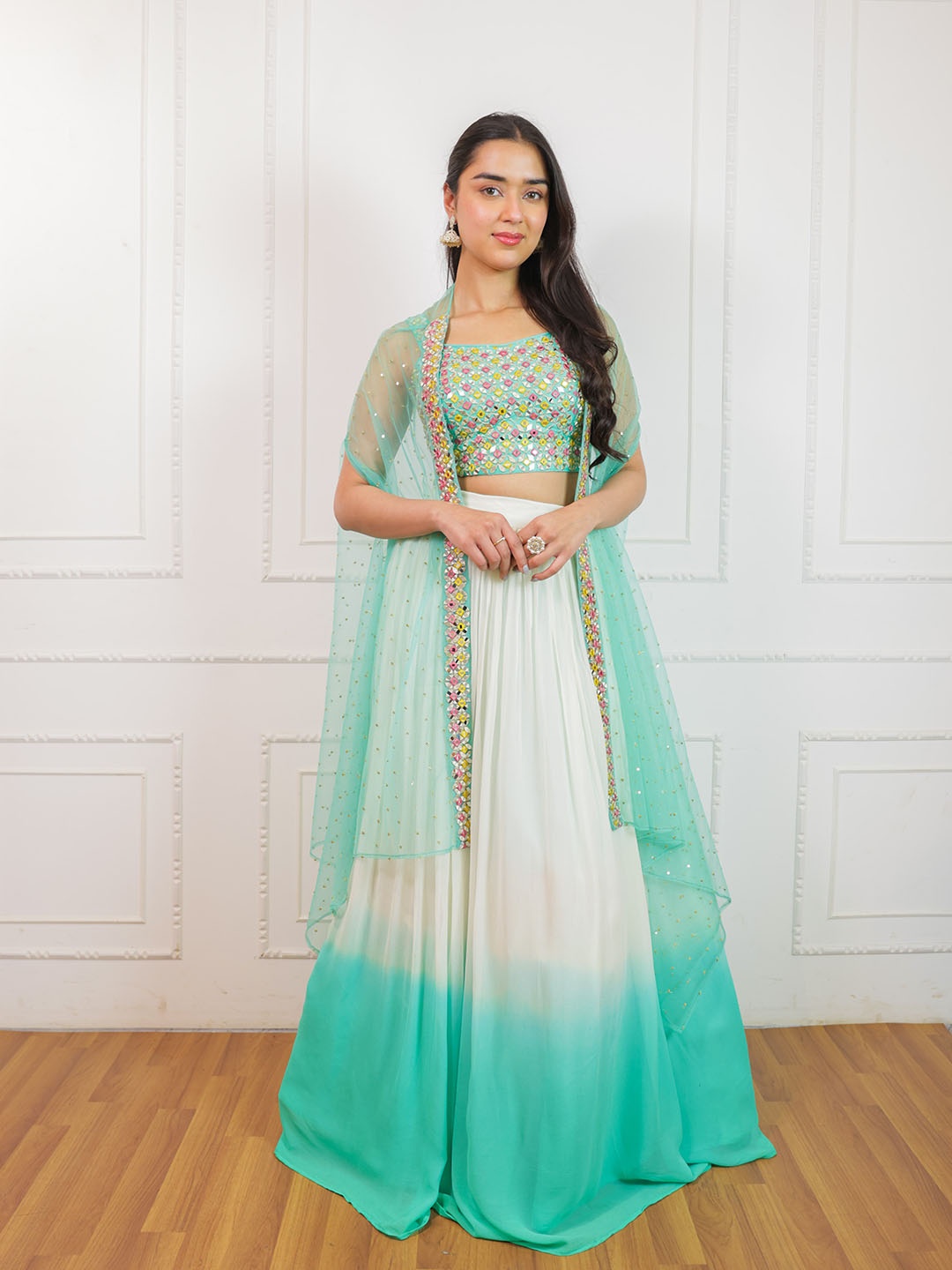 

ALIYANA Embellished Mirror Work Ready to Wear Lehenga & Blouse With Dupatta, Blue