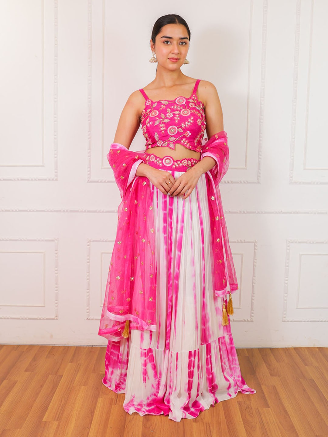 

ALIYANA Embroidered Thread Work Ready to Wear Lehenga & Blouse With Dupatta, Pink