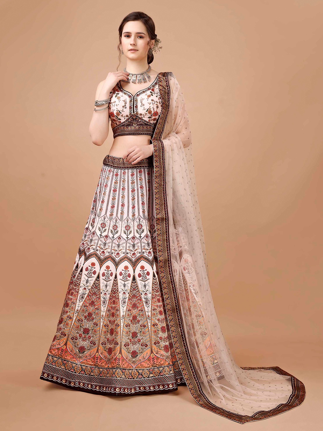 

SAPTRANGI Printed Ready to Wear Lehenga & Blouse With Dupatta, Brown