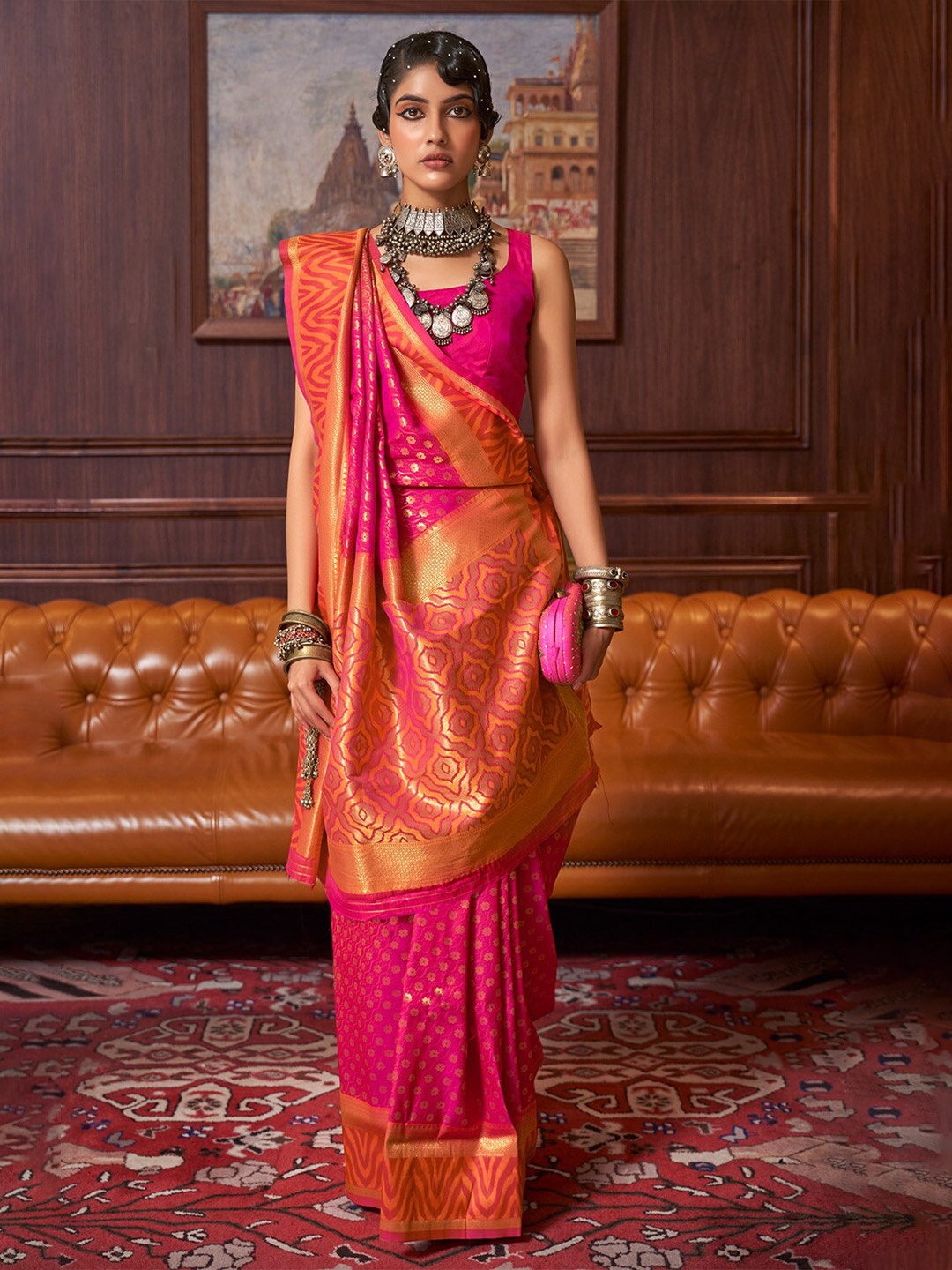 

DEVATITHI Ethnic Woven Design Zari Kanjeevaram Saree, Pink