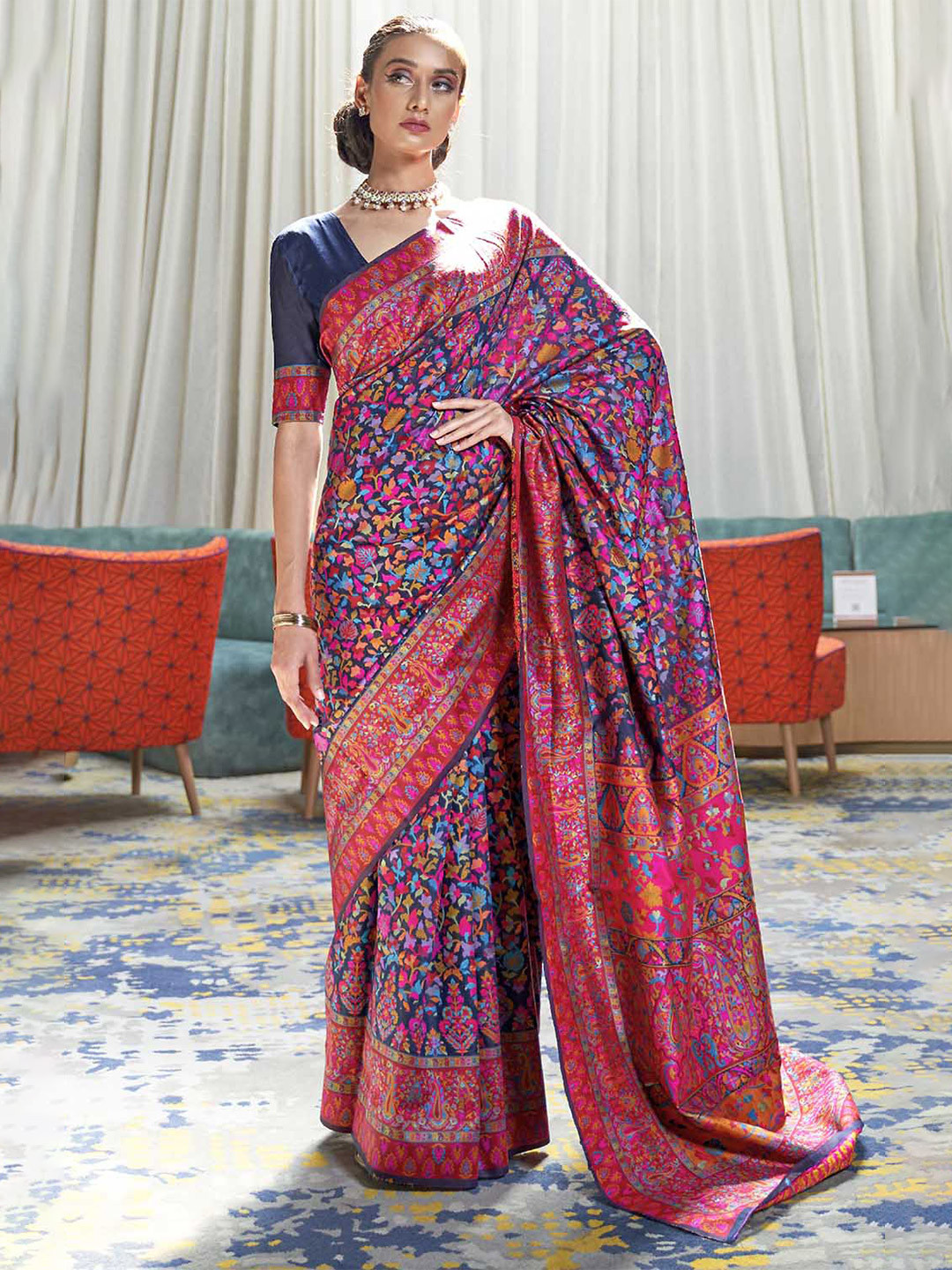 

DEVATITHI Ethnic Motifs Woven Design Banarasi Zari Saree, Blue