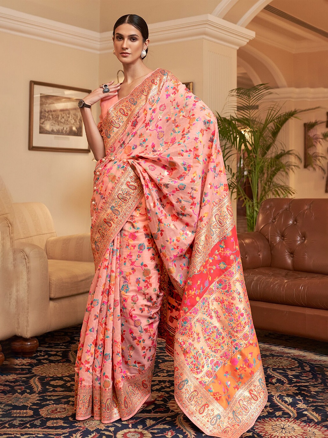 

DEVATITHI Floral Woven Design Pashmina Zari Saree, Pink