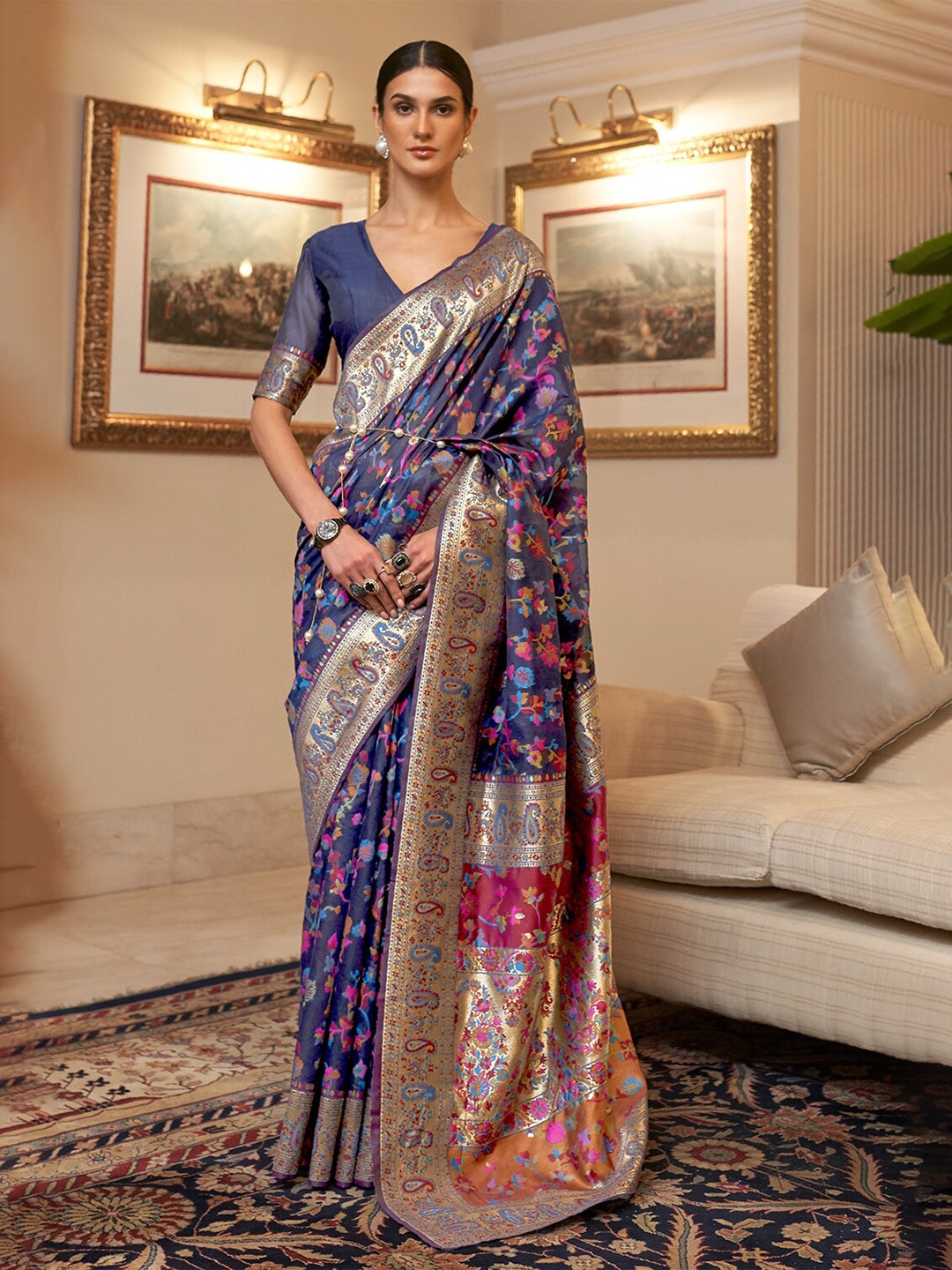 

DEVATITHI Floral Zari Pashmina Saree, Blue