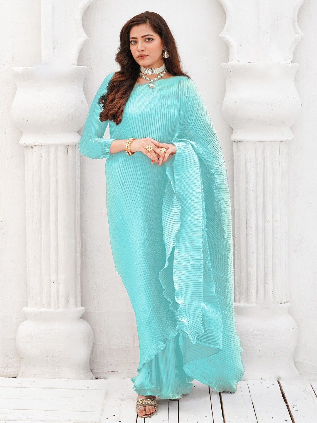 

BAESD Accordion Pleated Party Saree, Blue