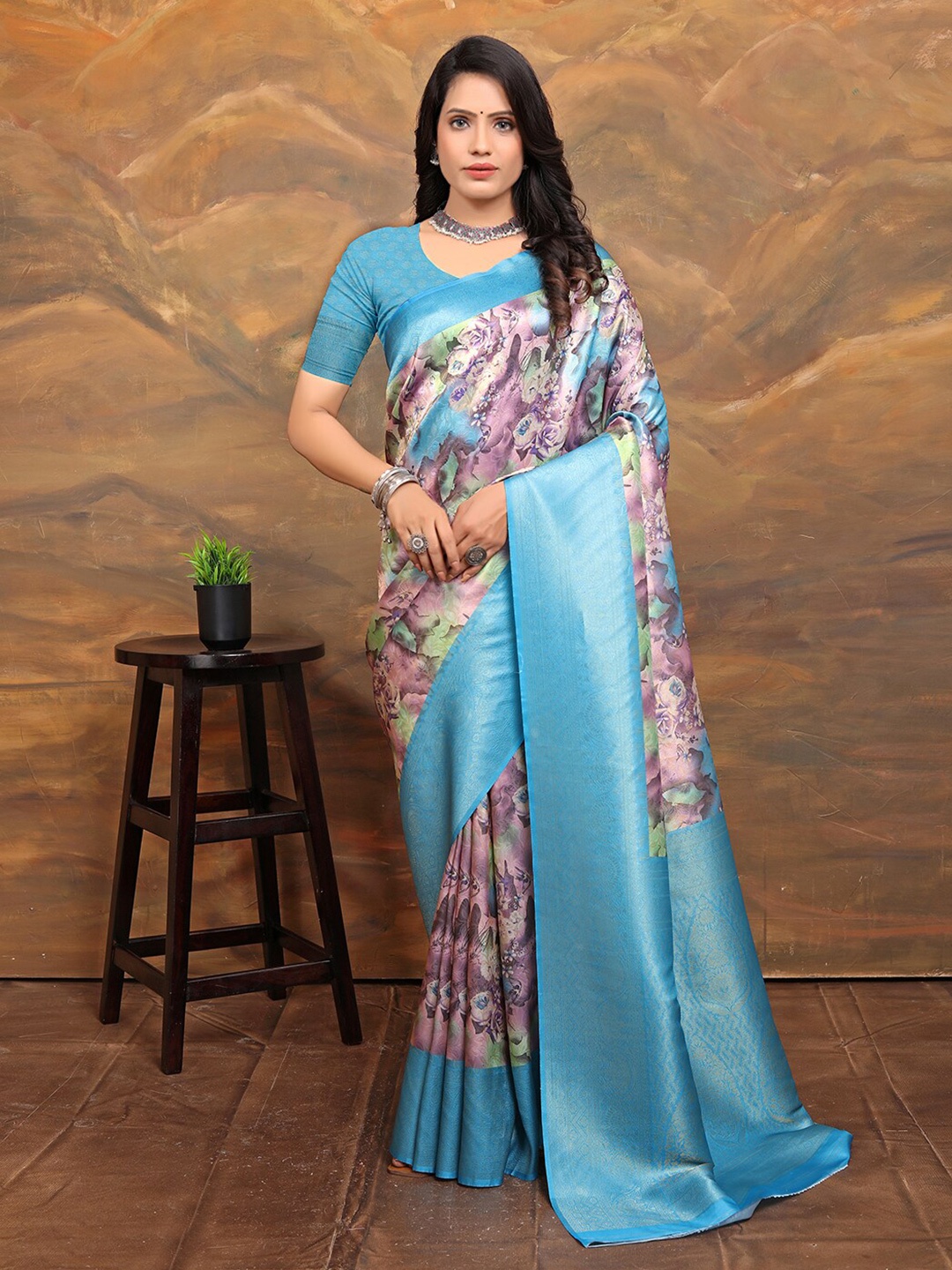 

Pionex Floral Woven Design Zari Pure Silk Kanjeevaram Saree, Blue