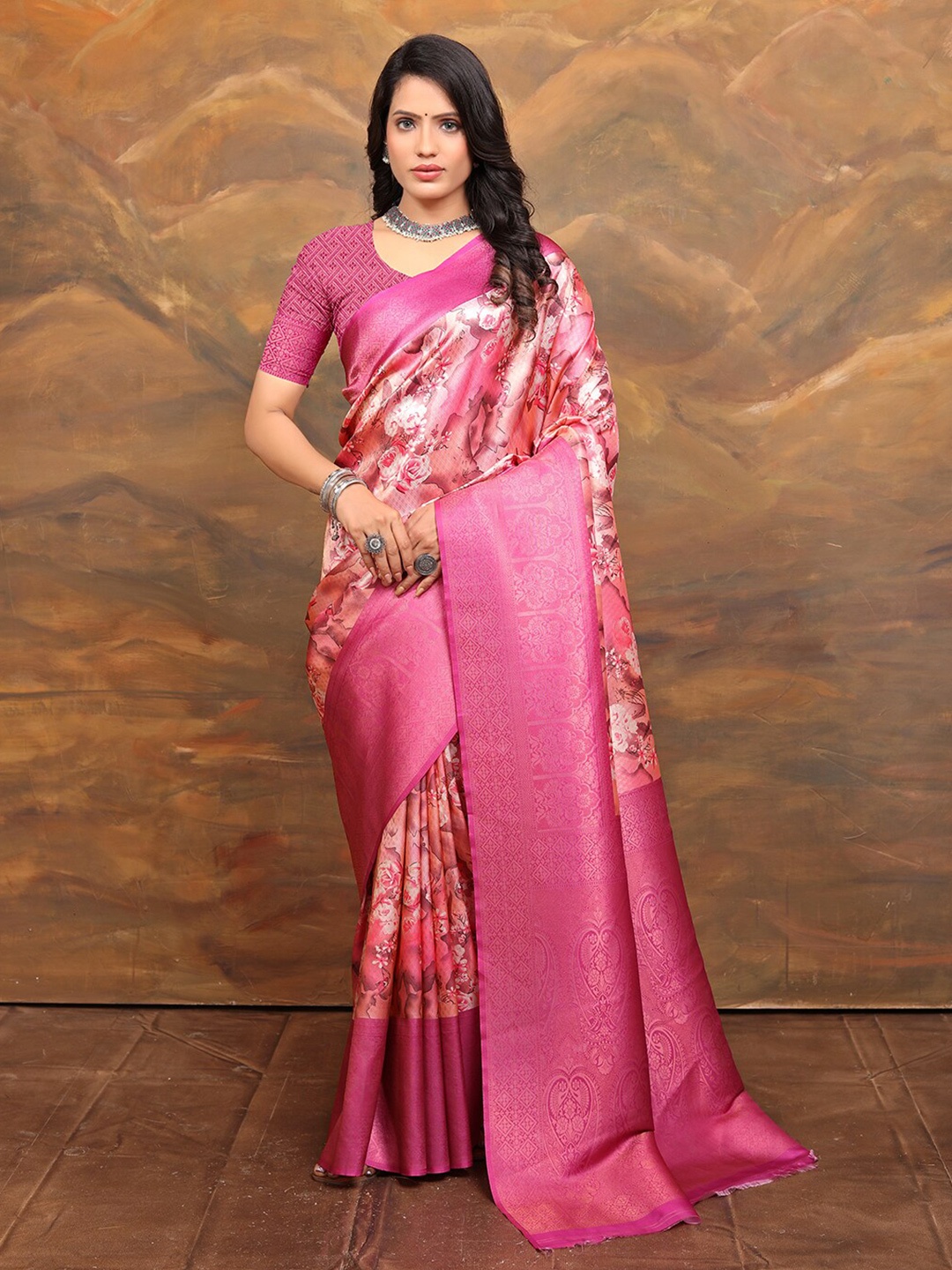 

Pionex Floral Printed Zari Pure Silk Kanjeevaram Saree, Magenta