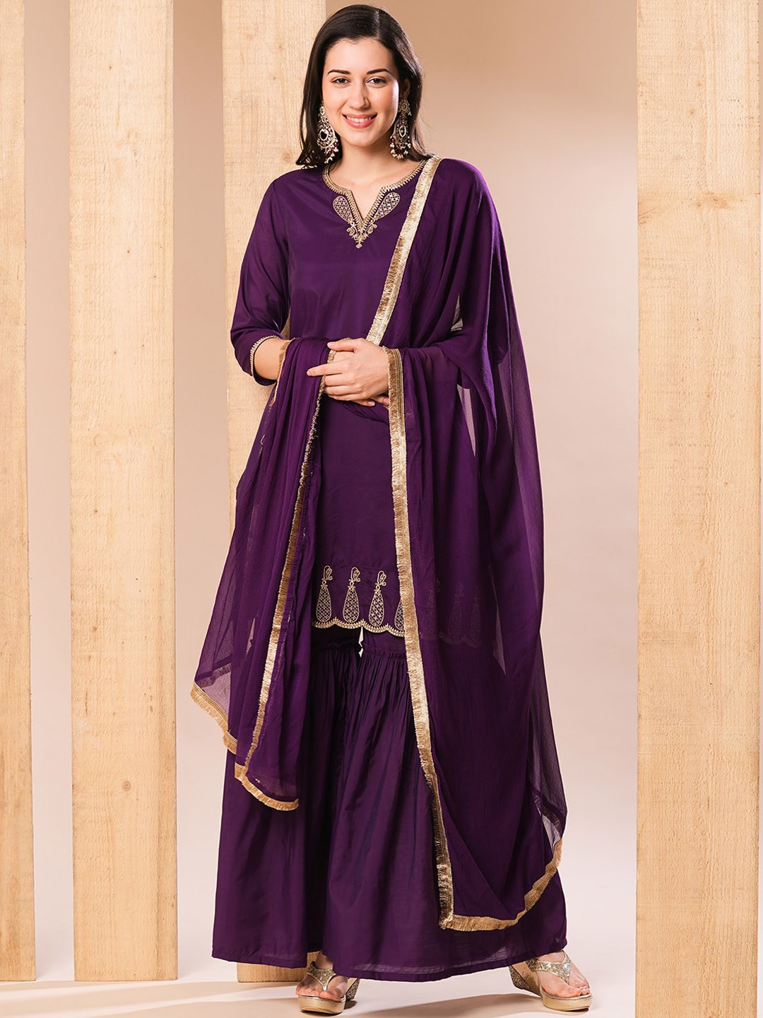 

Globus Purple Ethnic Motifs Yoke Design Regular Kurta with Sharara & With Dupatta