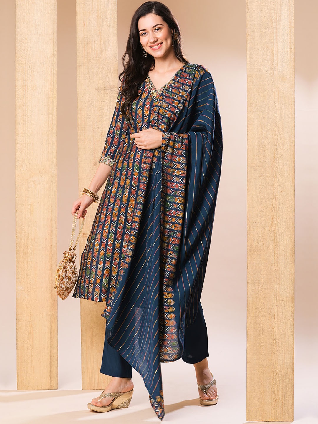 

Globus Blue & Red Geometric Printed Regular Thread Work Kurta with Trousers & With Dupatta