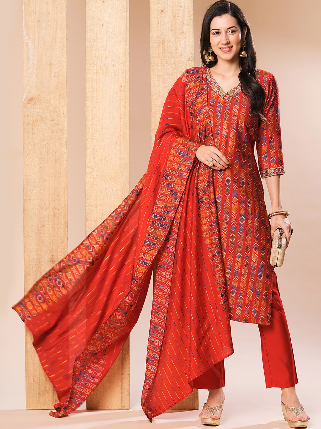 

Globus Red & Blue Geometric Printed V-Neck Straight Kurta with Trousers & Dupatta