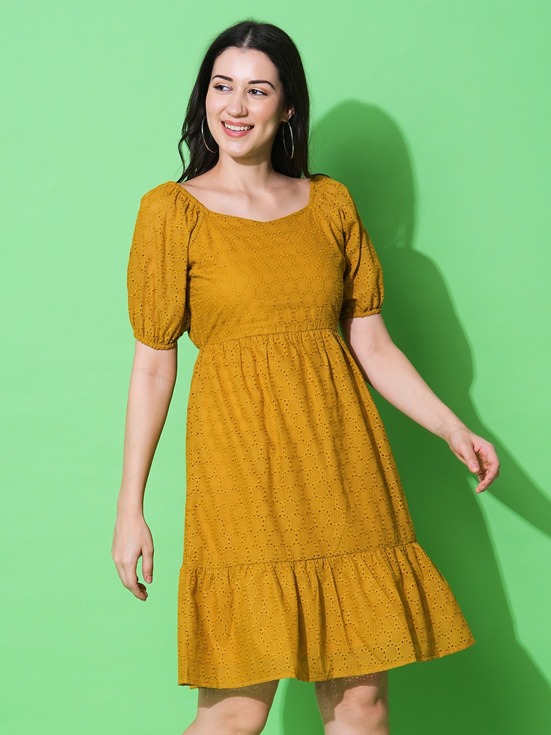 

Globus Sweetheart Neck Puff Sleeve A-Line Schiffli Dress, Mustard