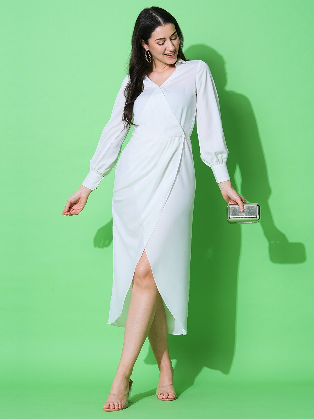 

Globus V-Neck Cuffed Sleeves Satin Midi Dress, White