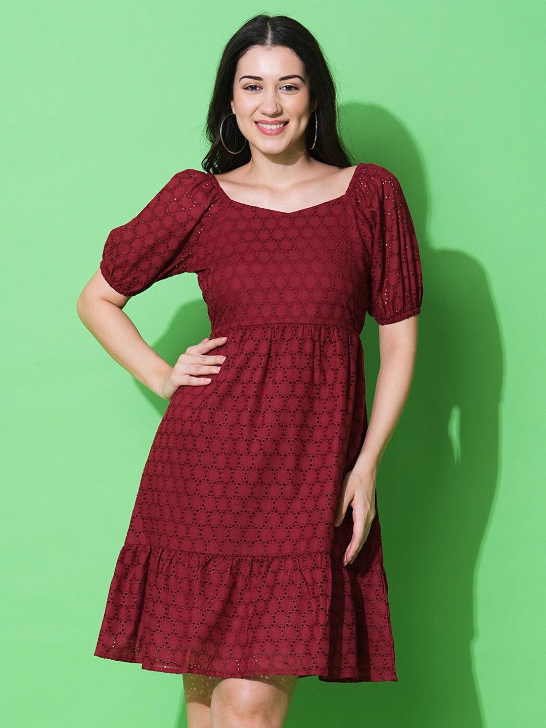 

Globus Women Sweetheart Neck Puff Sleeves Schiffli Fit & Flare Dress, Maroon