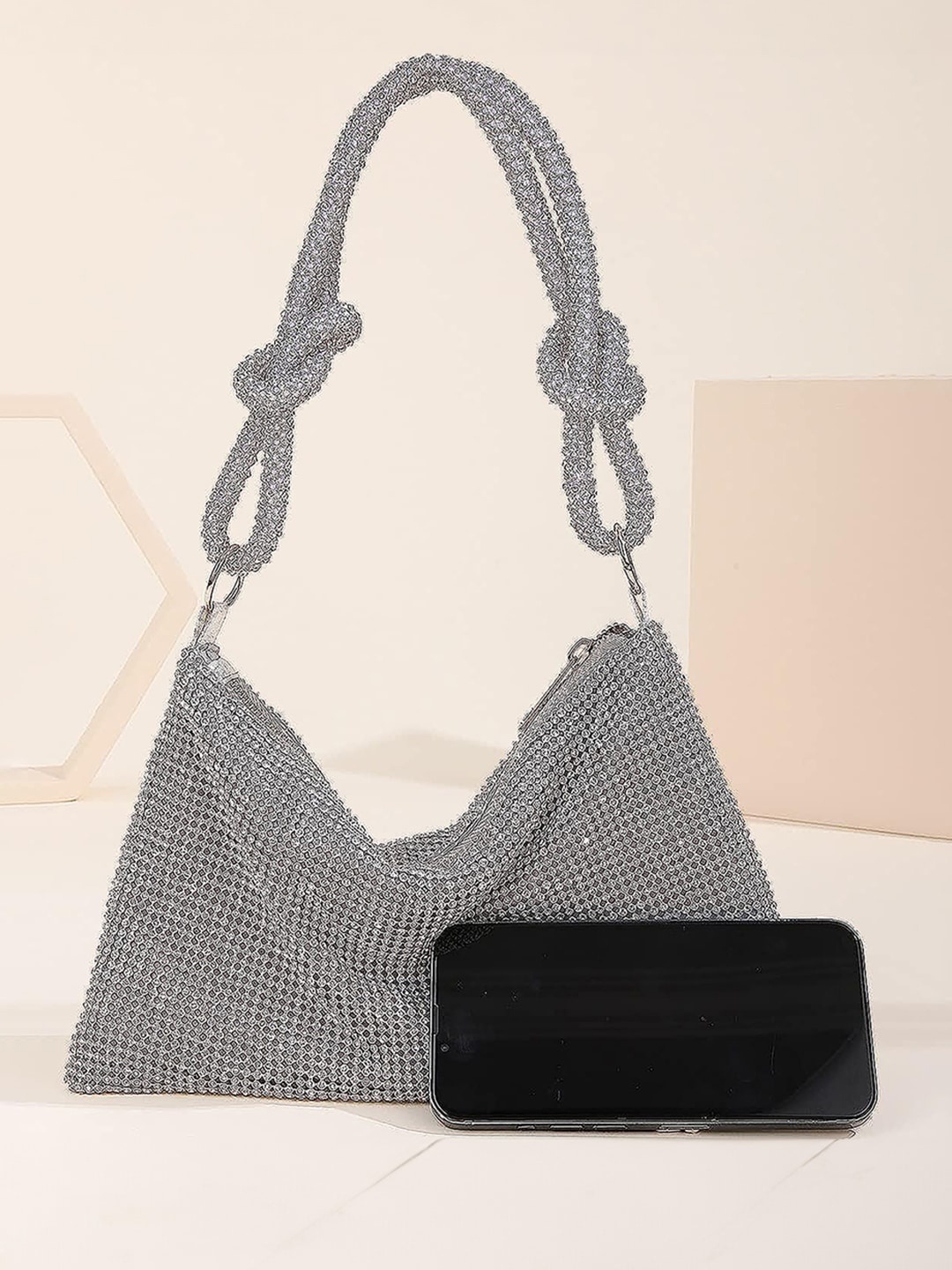 

INKMILAN Rhinestones-Studded Swagger Hobo Bag, Silver