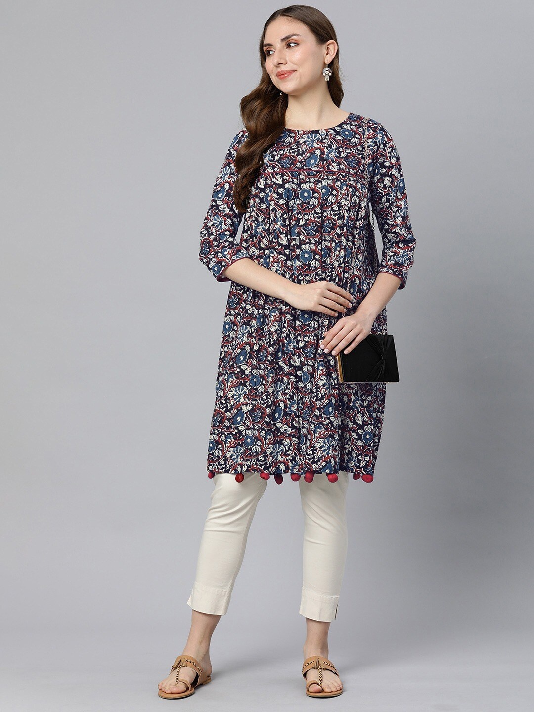 

Shaily Floral Print Cotton A-Line Dress, Navy blue