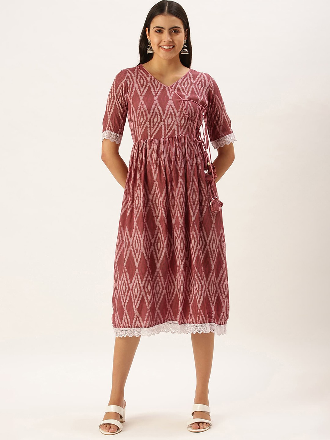 

Shaily Ethnic Motifs Print Fit & Flare Midi Dress, Pink