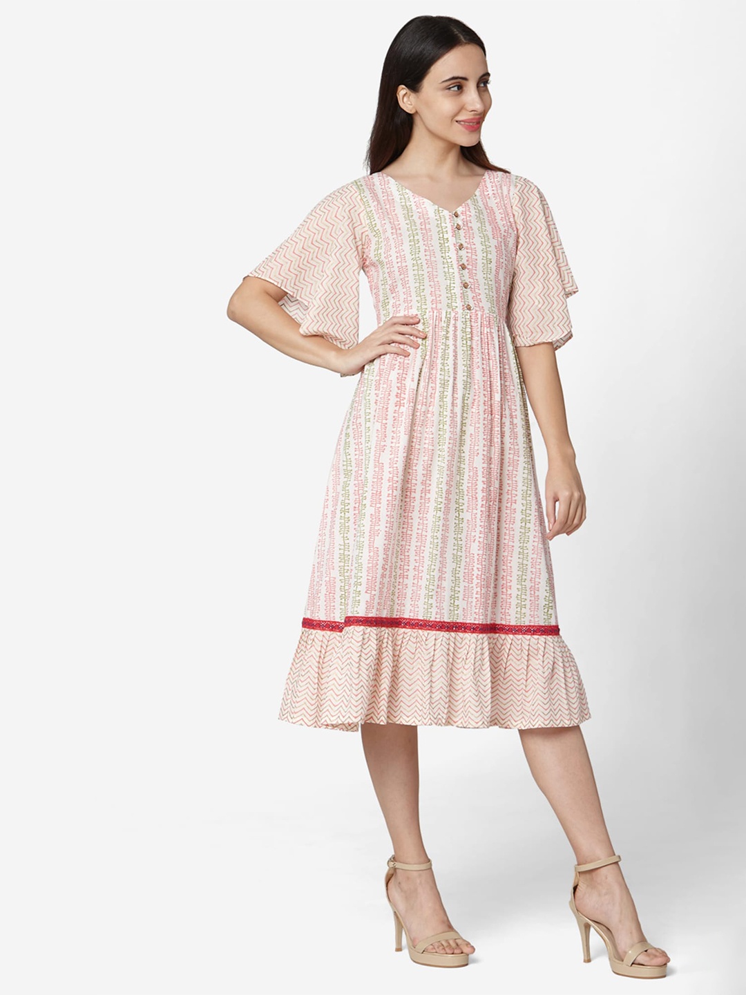 

Shaily Floral Print Flared Sleeve Cotton A-Line Midi Dress, Off white