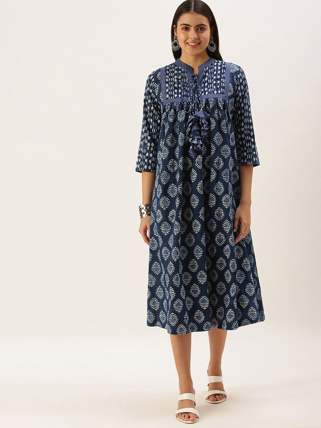 

Shaily Ethnic Motifs Print Cotton A-Line Midi Dress, Navy blue