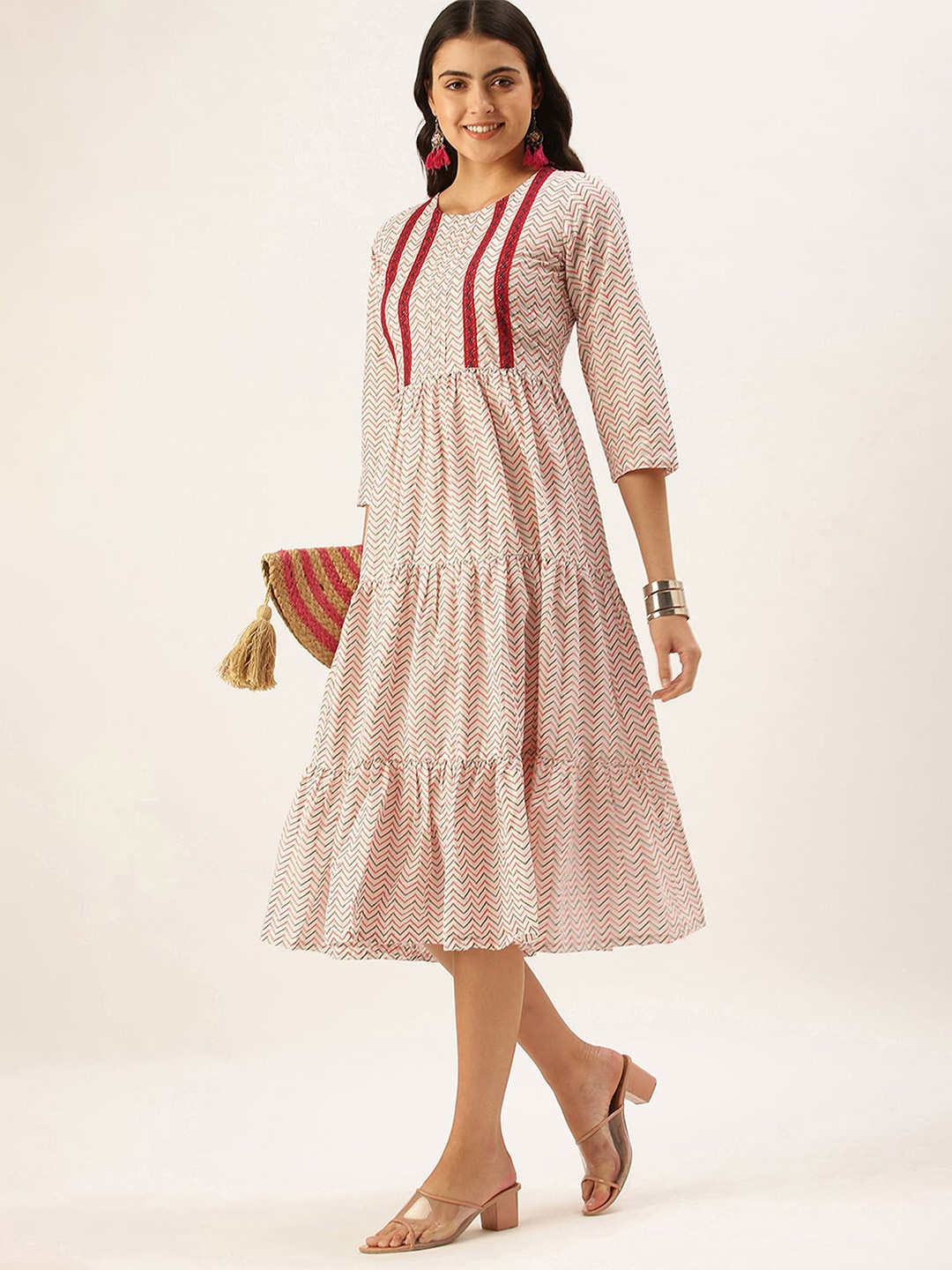 

Shaily Geometric Printed Gathered & Tiered Detail Cotton Fit & Flare Midi Dress, Cream