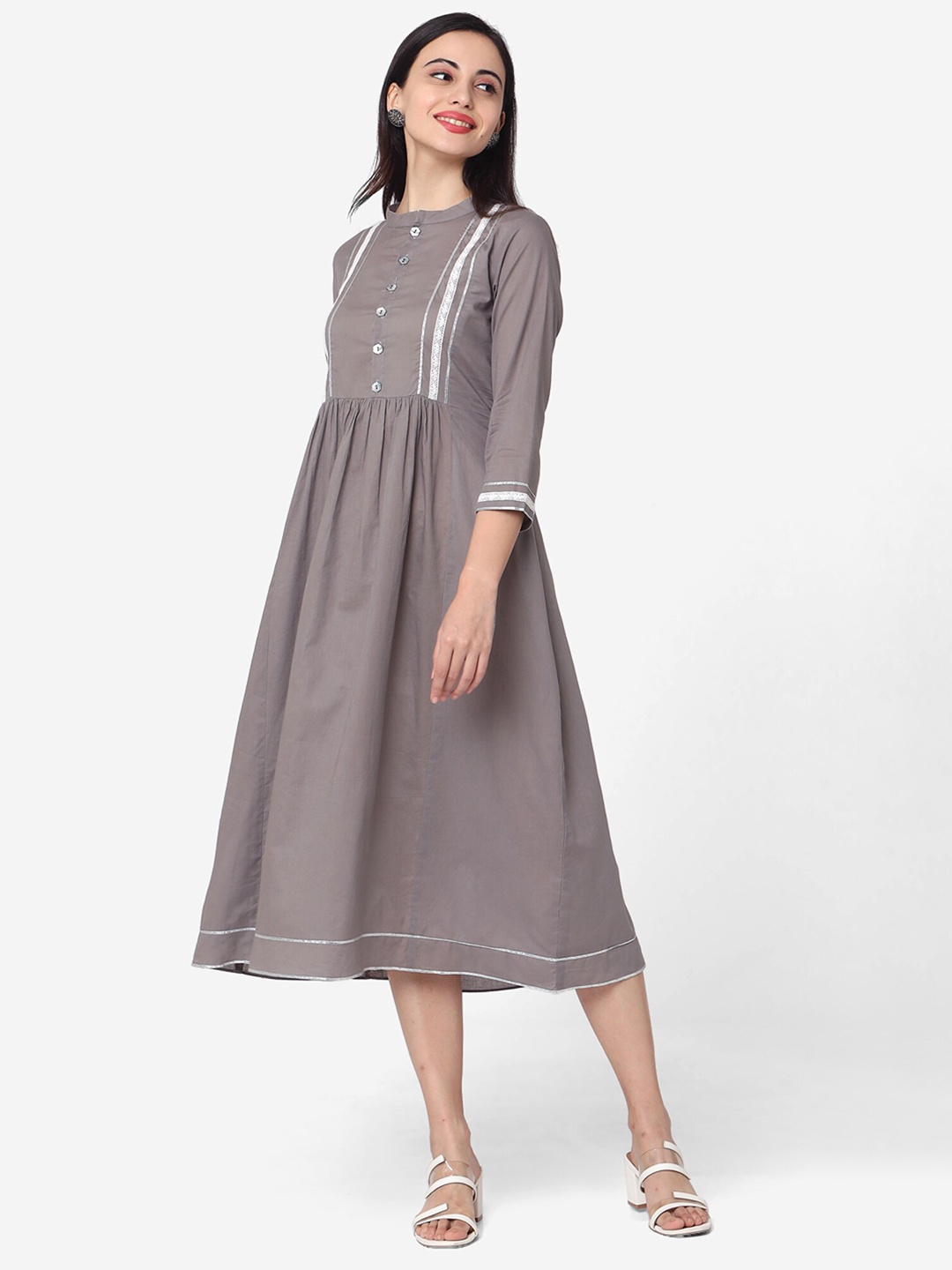 

Shaily Round Neck Fit & Flare Cotton Midi Dress, Grey