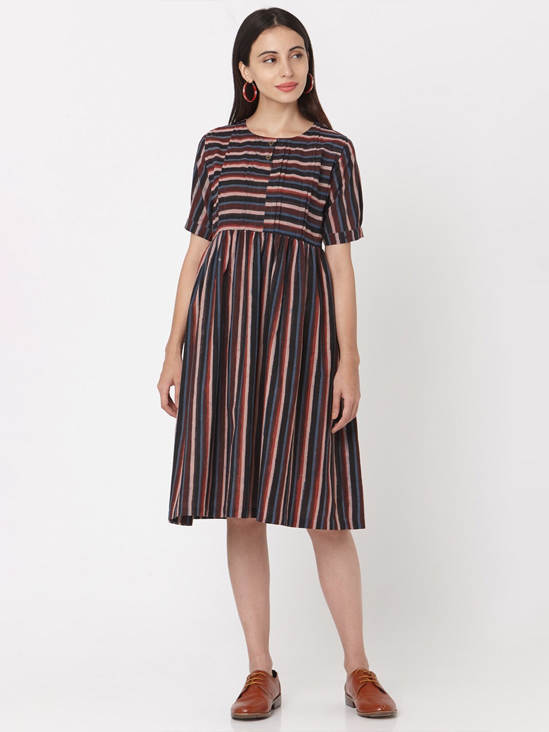 

Shaily Striped Cuffed Sleeves Pleated Detail Cotton Fit & Flare Dress, Maroon