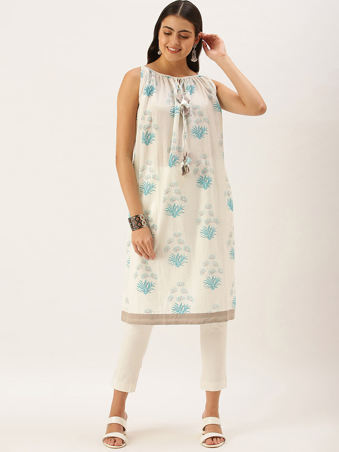 

Shaily Floral Print Tie-Up Neck Cotton A-Line Dress, Off white