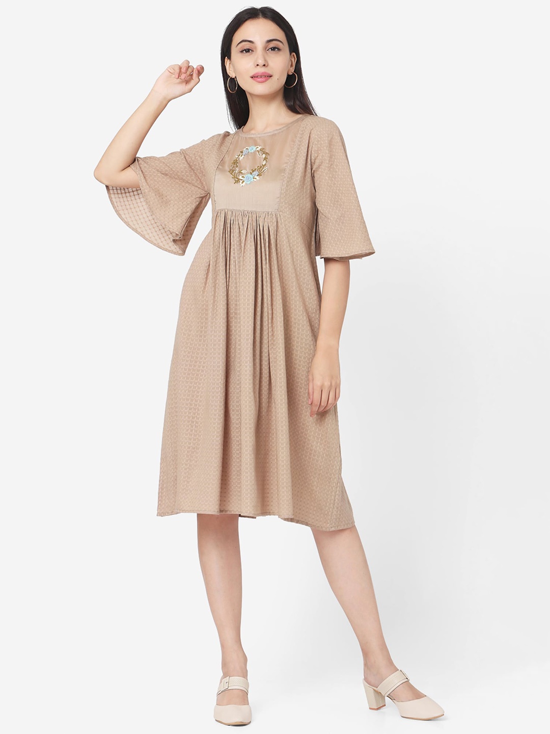 

Shaily Embroidered Round Neck Flared Sleeve Cotton Mini Gathered dress, Beige