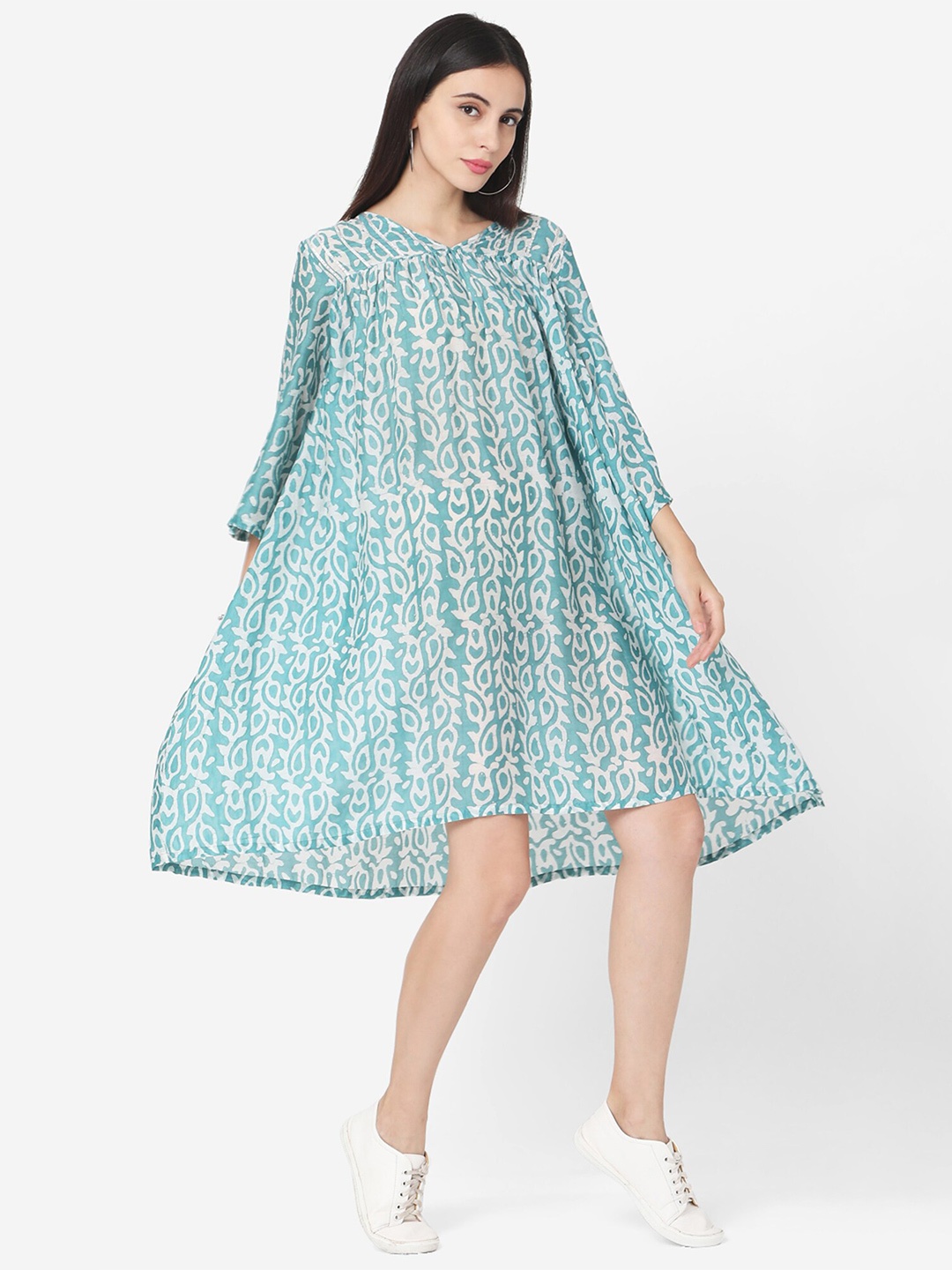 

Shaily Printed V-Neck Three-Quarter Sleeves Above Knee A-Line Dress, Blue