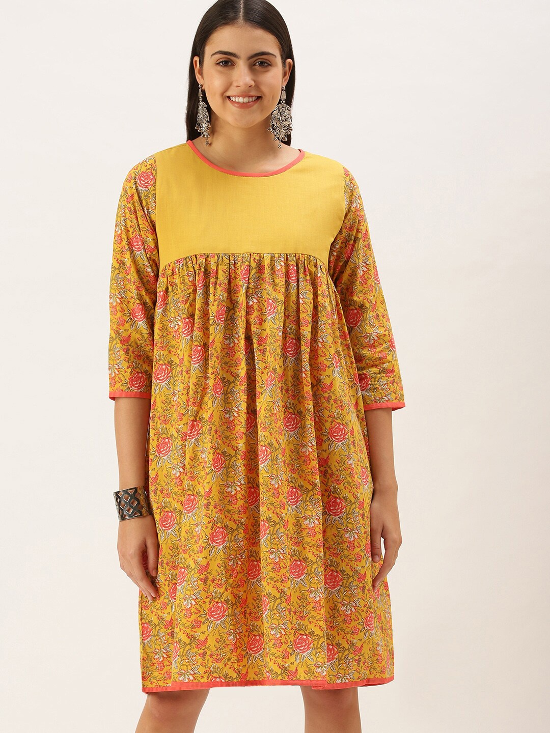 

HRITIKA Floral Printed Cotton A-Line Dress, Mustard