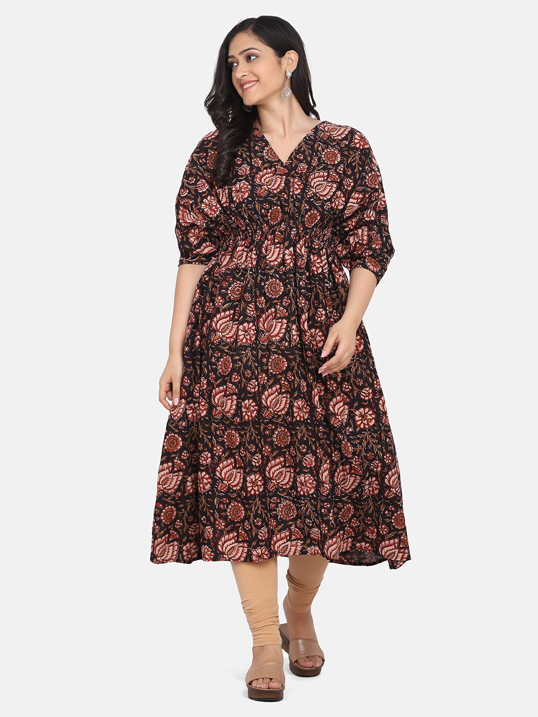 

HRITIKA Ethnic Motifs Printed V-Neck Fit & Flare Midi Dress, Coffee brown